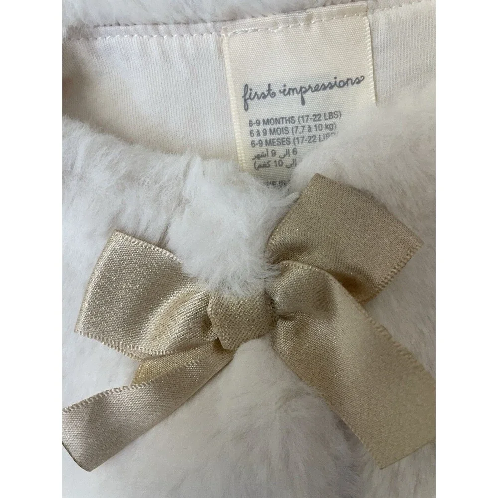 First Impressions Baby Girl 6/9M 3 Piece Cream Colored/Gold Faux Fur Vest Set